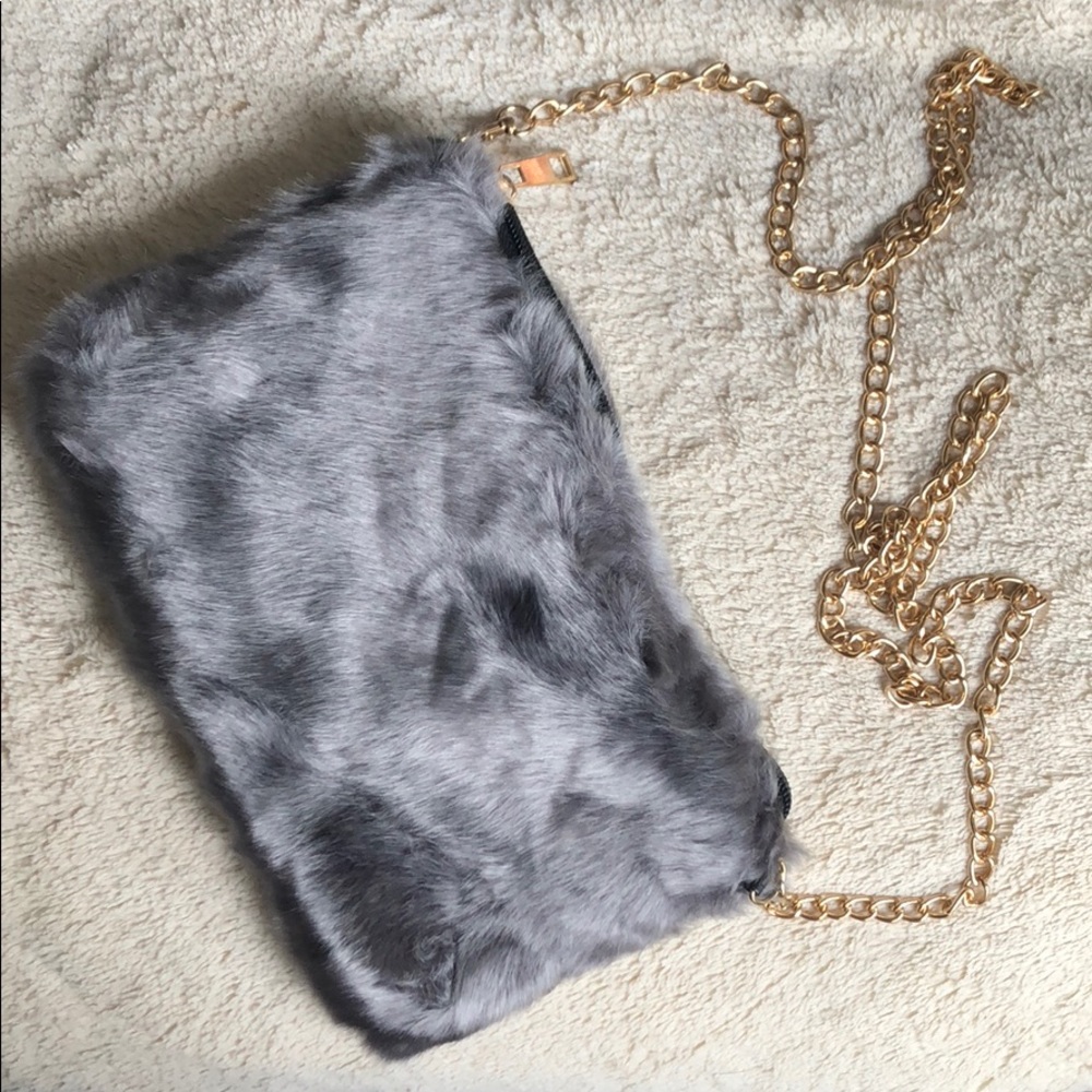Gray Faux furry Soft Gold Chain Shoulder Bag